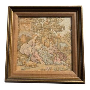 Early 20th C Framed Woven Tapestry Panel Rococo Pastoral Scene c. 1905–1925